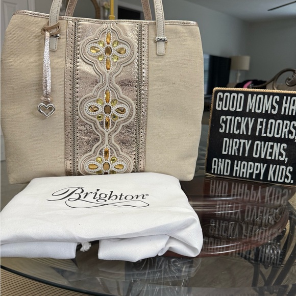 Brighton Handbags - Brighton Tan and Gold Embellished Tote with suede dusty